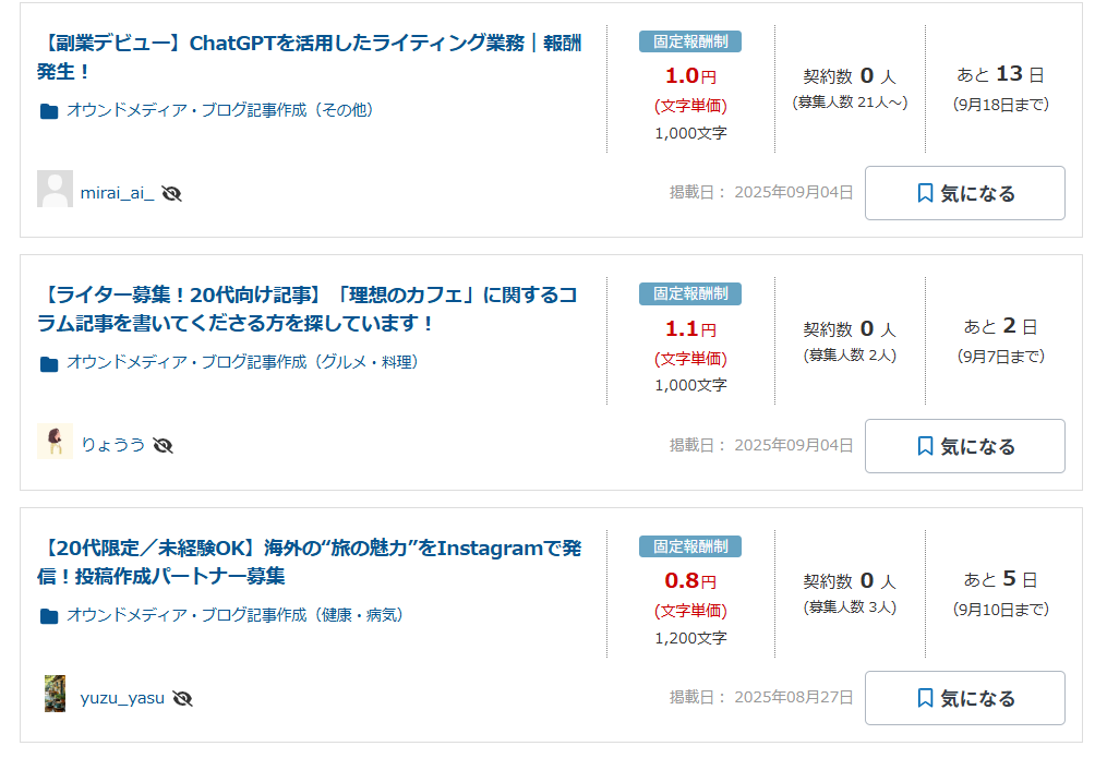 クラウドワークスの一般的な案件（ライティング）